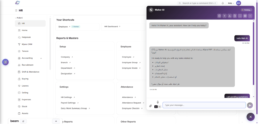 Maher AI interface showing consultant, implementor, and assistant modes